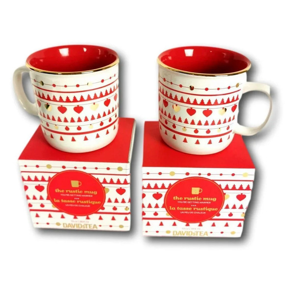 Davids Tea Coffee Xmas Mug Lot 2 Cherry Red Holiday Nordic 13 oz Ceramic New - Picture 1 of 7
